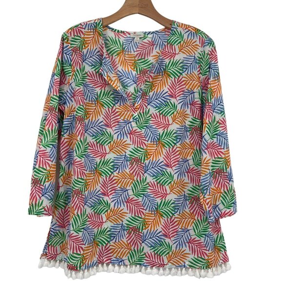 Talbots women's top tunic cover-up tropical leaf pattern size medium Tassels - Picture 1 of 5